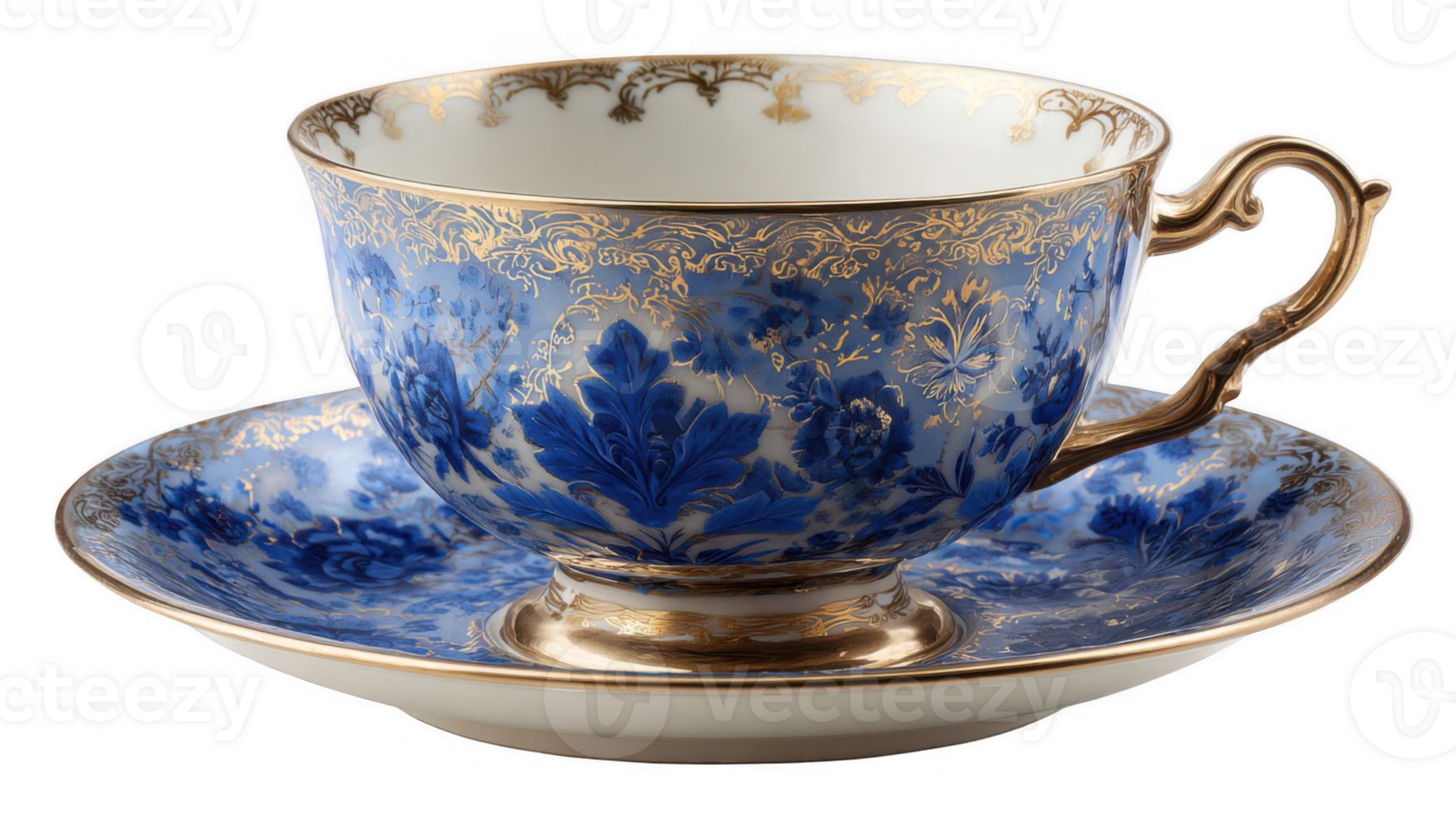 Elegant blue and gold teacup resting on matching saucer with transparent background png