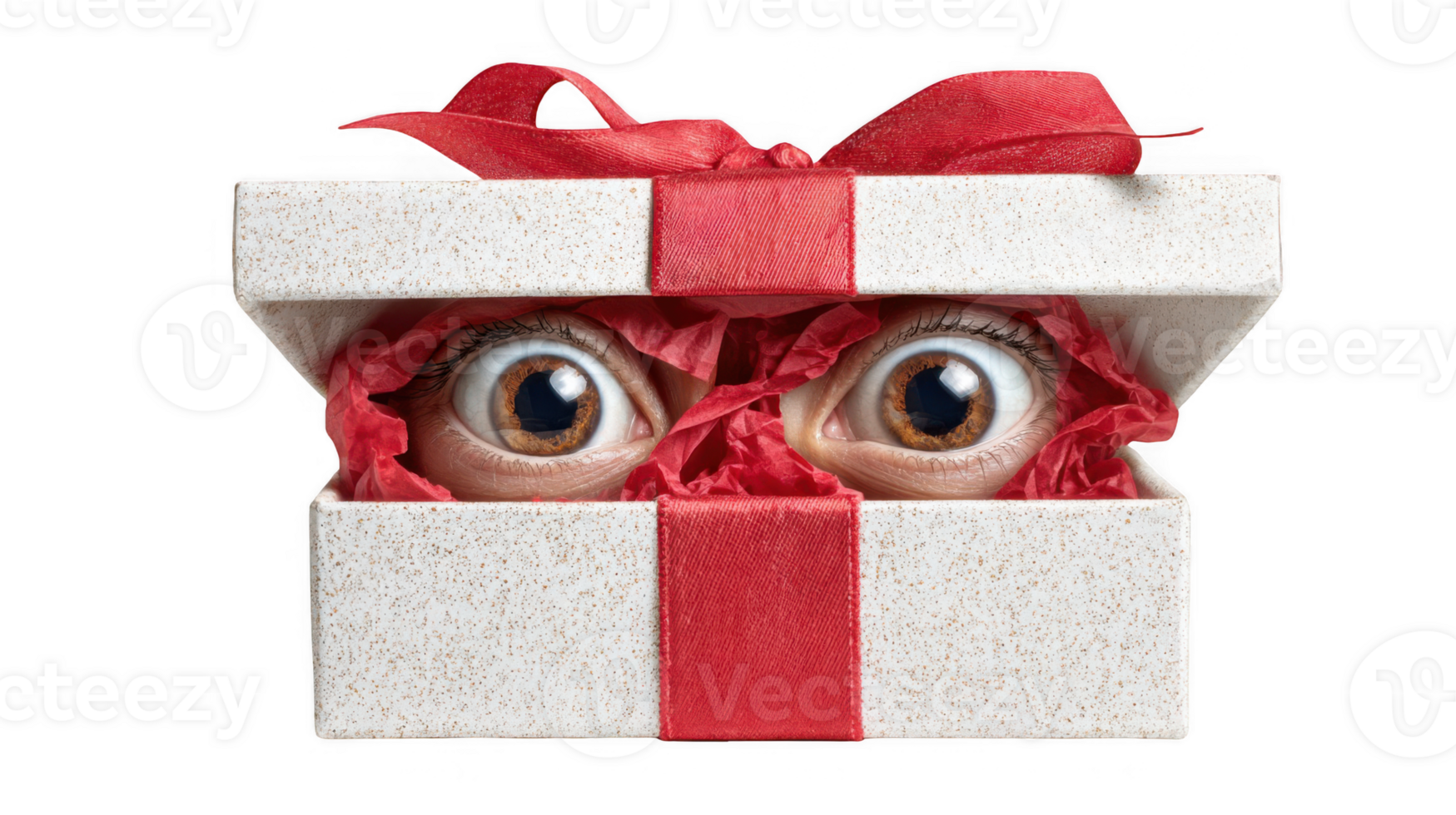 Curious eyes peeking from inside gift box with red ribbon on transparent background png