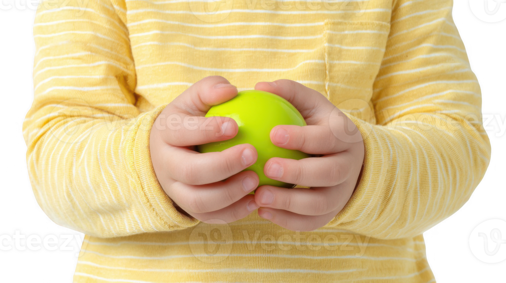 Child holding a green apple on transparent background png