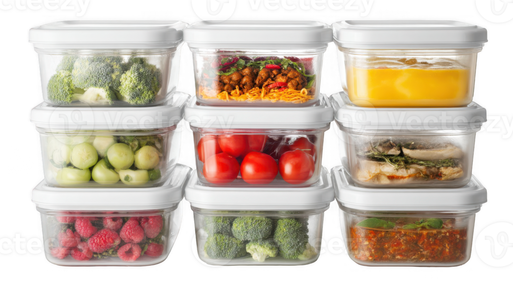 Set of transparent square food containers storing various foods on transparent background png