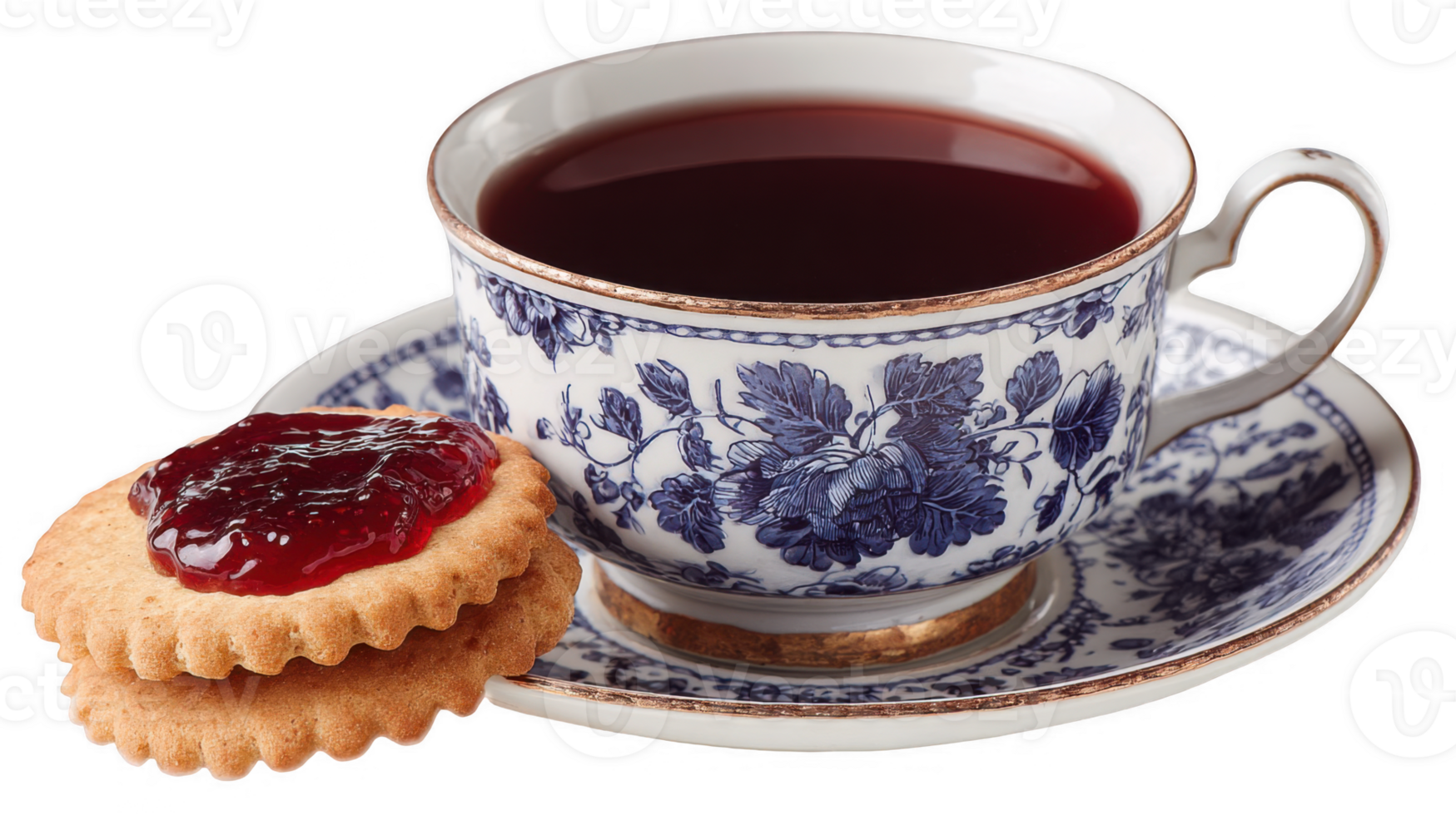 Vintage teacup with tea and biscuits with jam on transparent background png