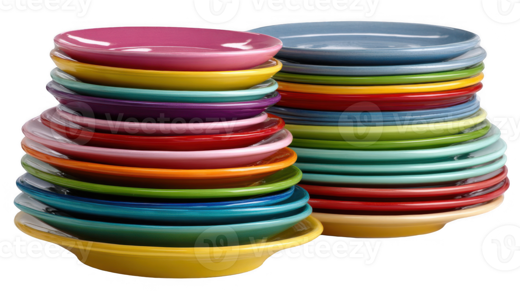 Two stacks of colorful dessert plates on transparent background png