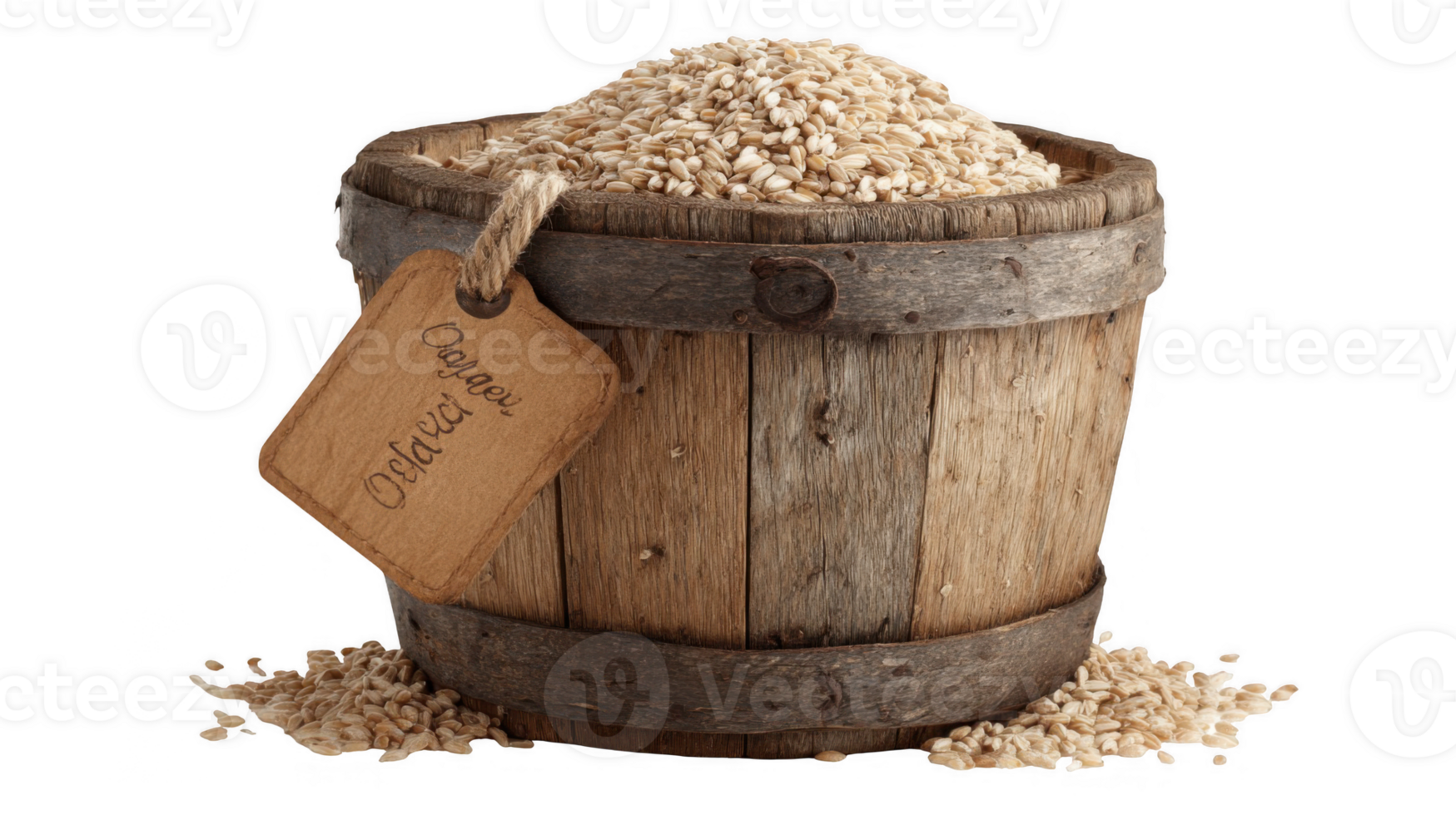 Wooden barrel overflowing with whole grain oats on transparent background png