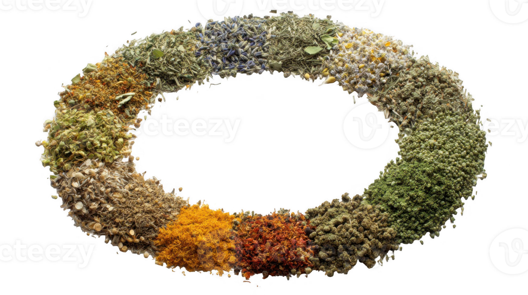 Dried herbs and spices forming an oval shape on transparent background png