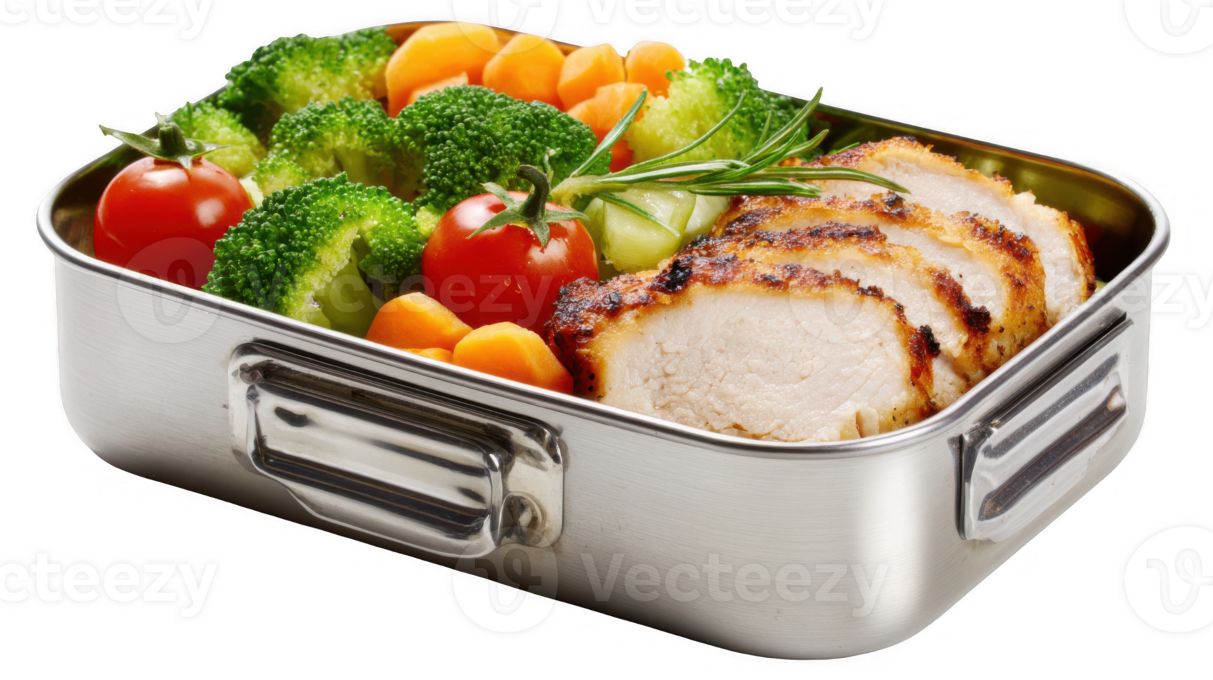 Metal lunchbox holding neatly packed chicken breast, broccoli, carrots and tomatoes with transparent background png