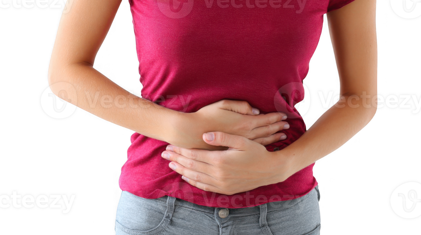 Woman experiencing menstrual cramps with transparent background png