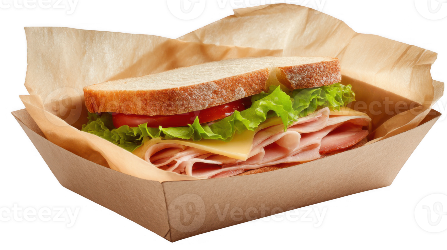 Sandwich with ham, cheese, tomato and lettuce inside a cardboard tray with transparent background png