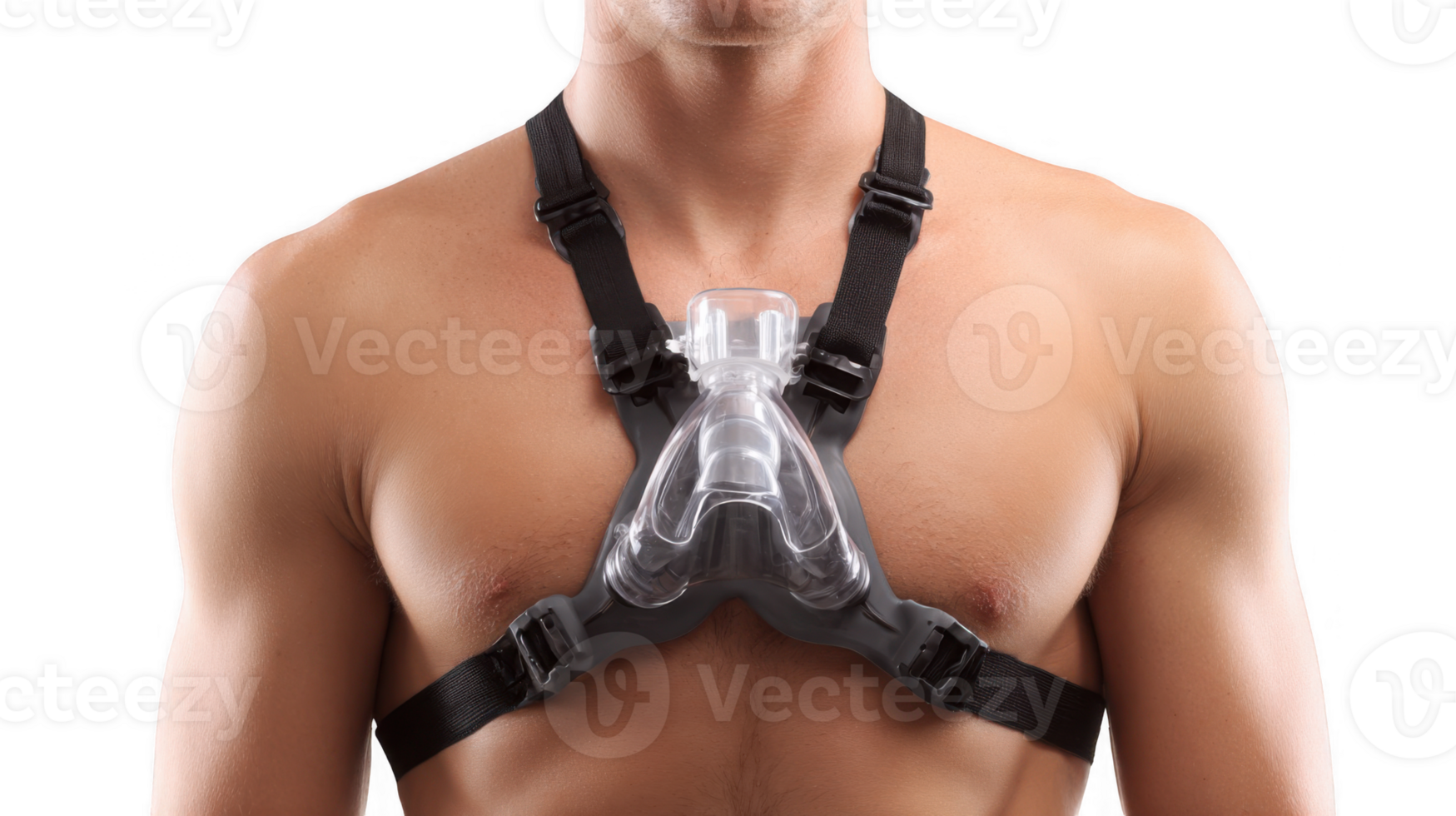 Man wearing cpap mask for sleep apnea therapy on transparent background png