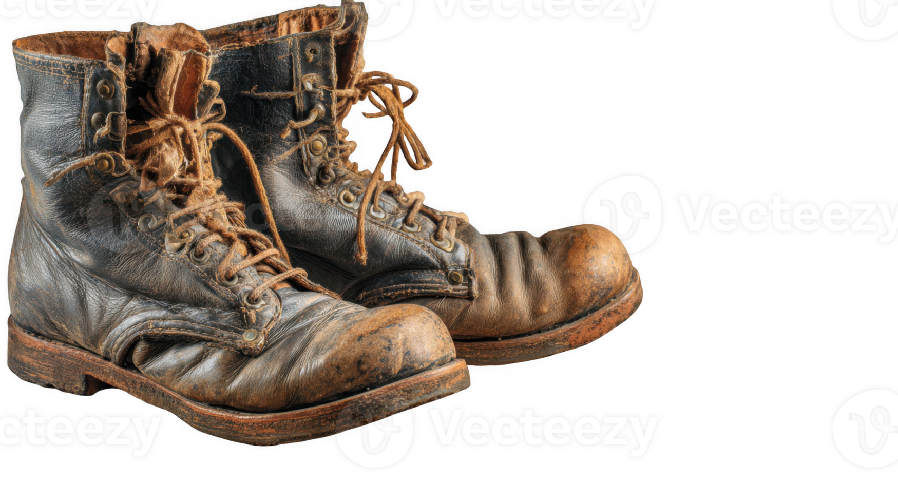 Old leather work boots isolated on transparent background showing signs of wear and tear png