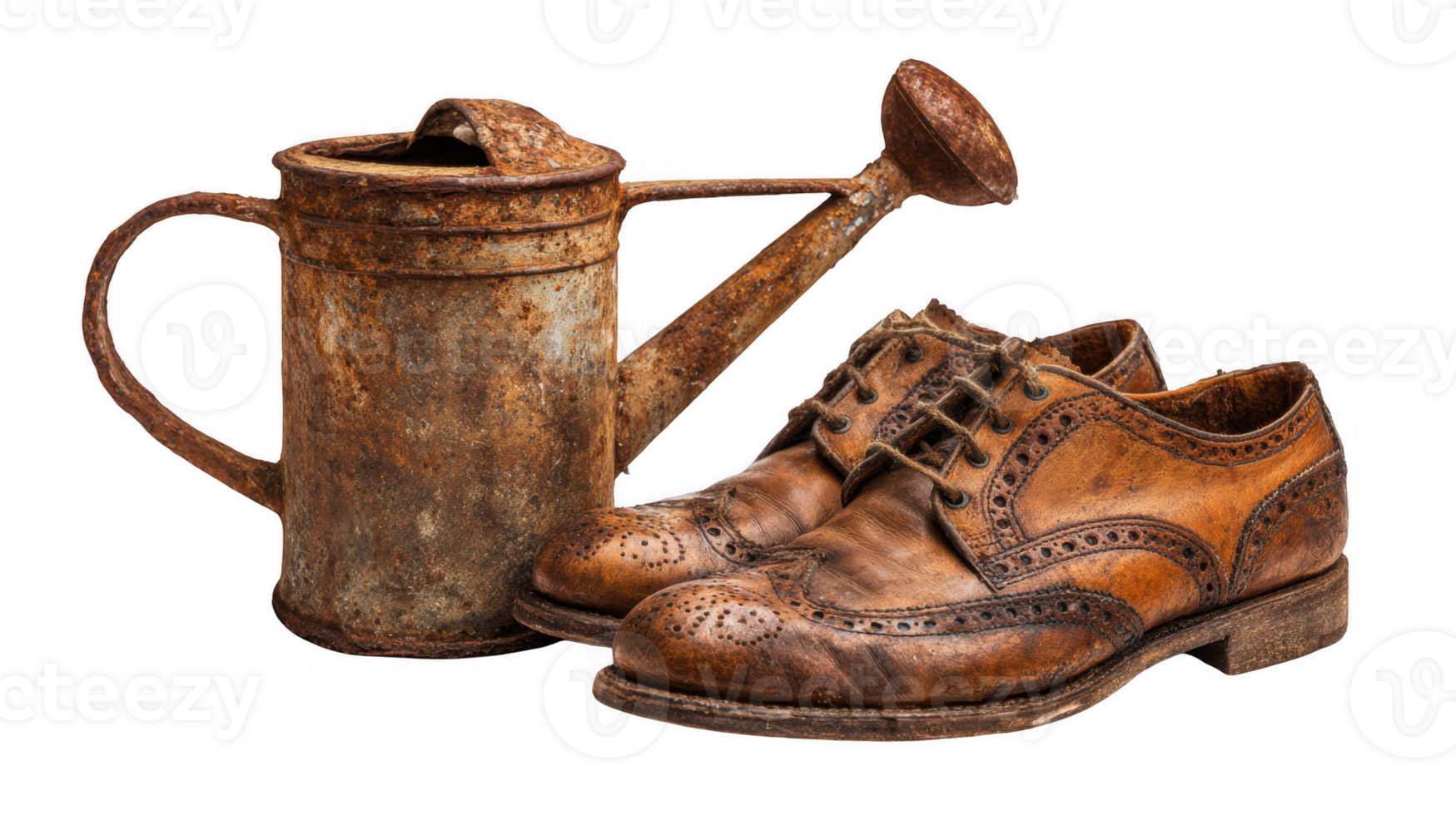 Rusty watering can and old leather shoes on transparent background png