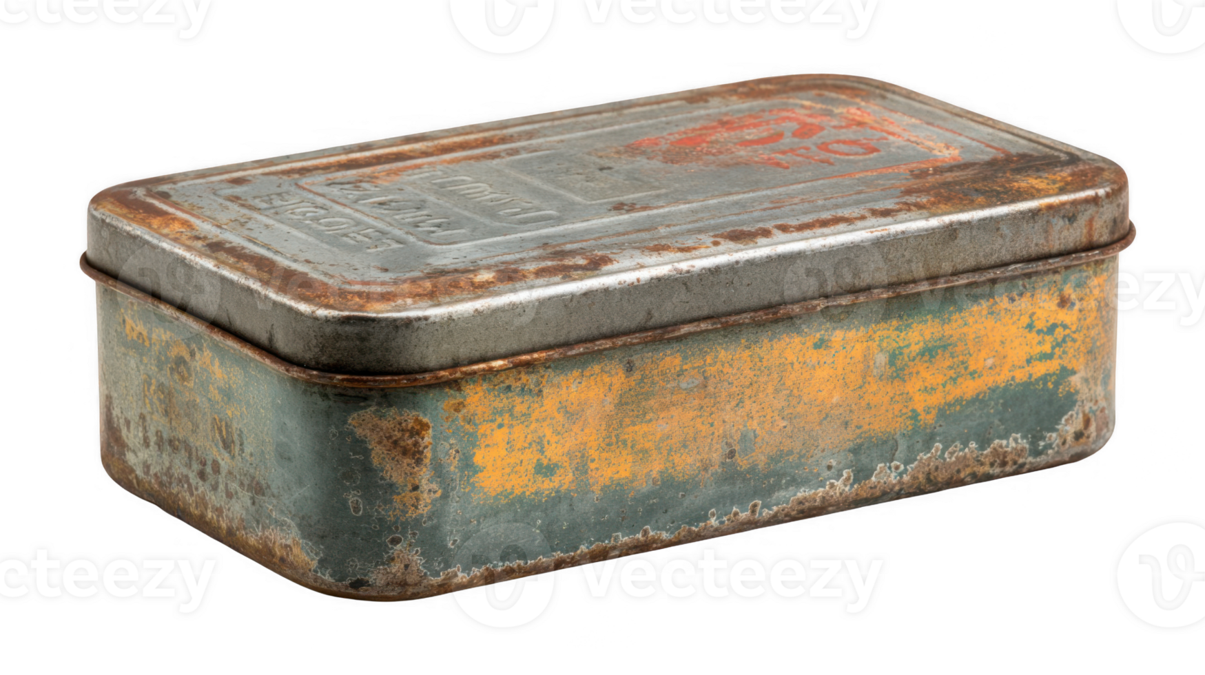 Rusty metal tin showing decaying paint and faded labels on transparent background png