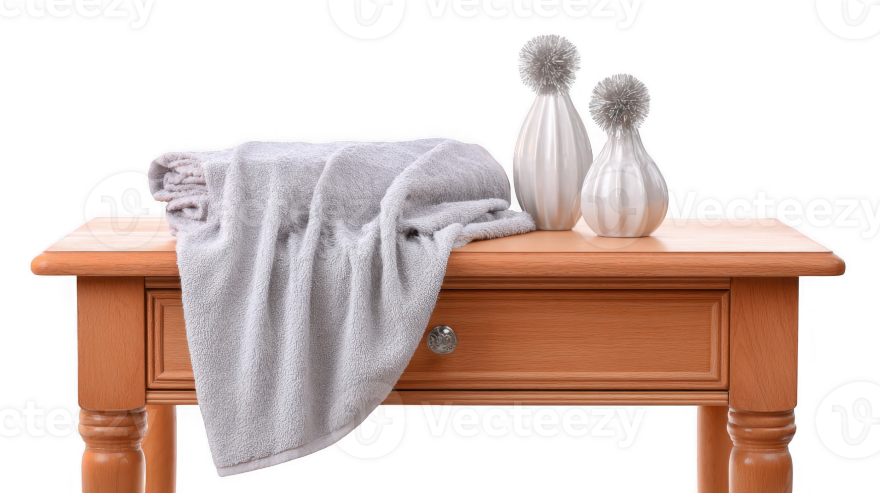 Plush towel draped over wooden vanity with decorative vases on transparent background png