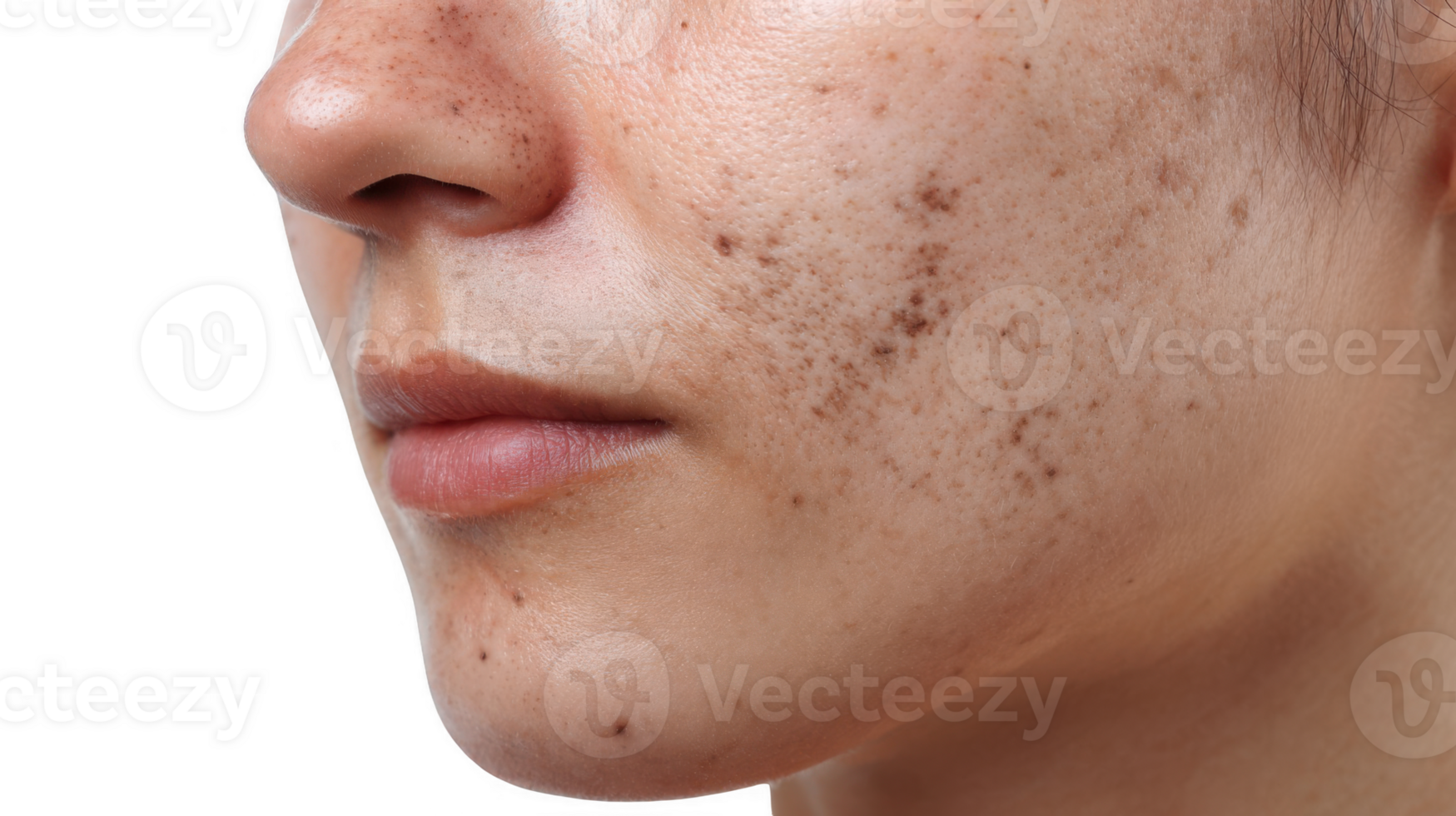 Woman showing hyperpigmentation or melasma on face skin, transparent background png