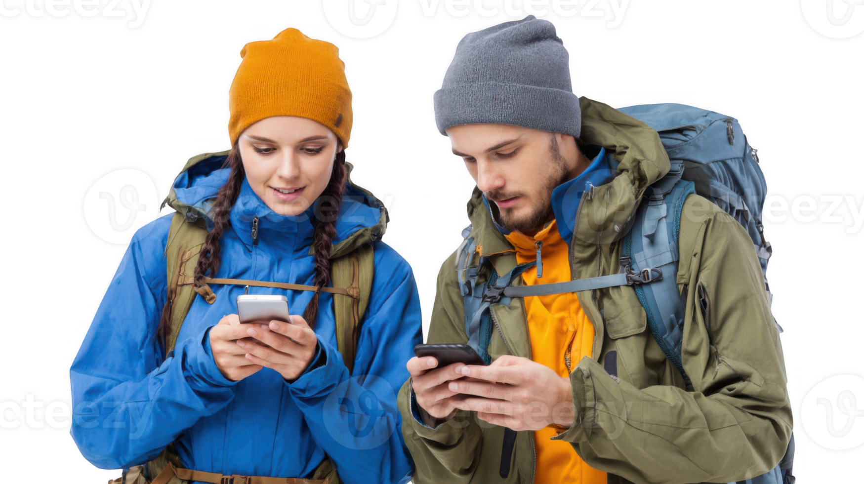 Hikers using smartphones with backpacks on transparent background png