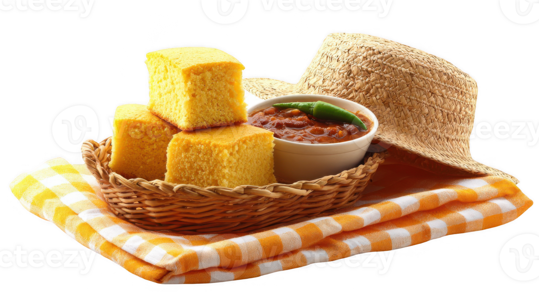 Cornbread, chili and straw hat creating a rustic picnic scene on transparent background png