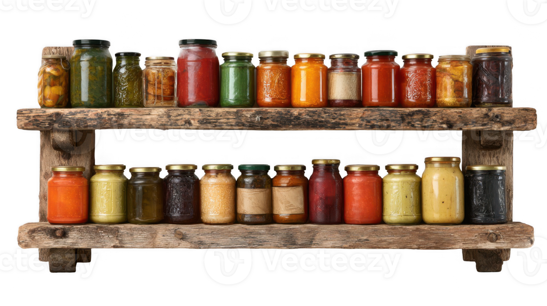 Preserving tradition, rustic shelves holding an array of colorful canned goods on transparent background png