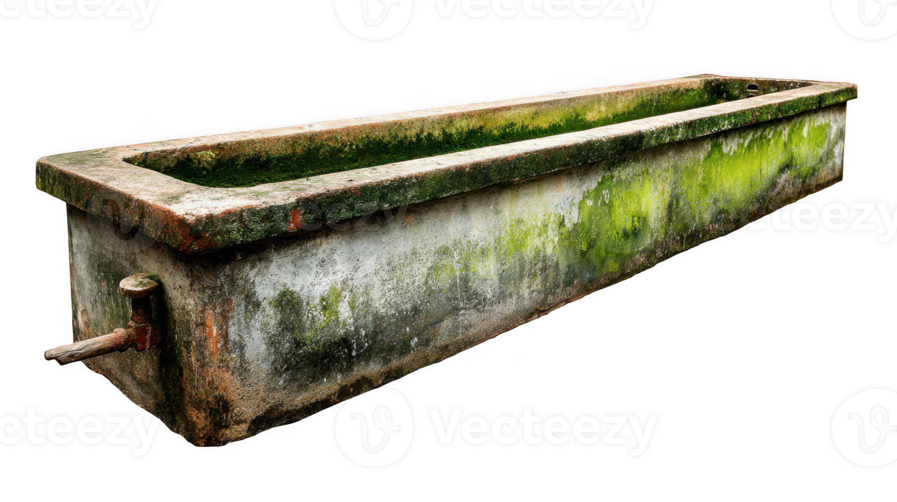 Old stone water trough covered with moss on transparent background png