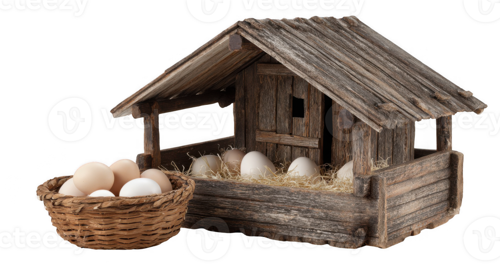 Chicken coop with eggs inside and a basket outside on transparent background png
