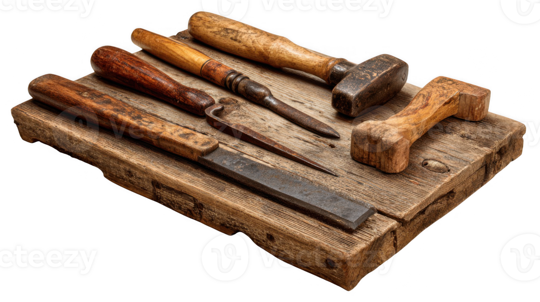 Handcrafted wooden tools lying on a workbench with transparent background png