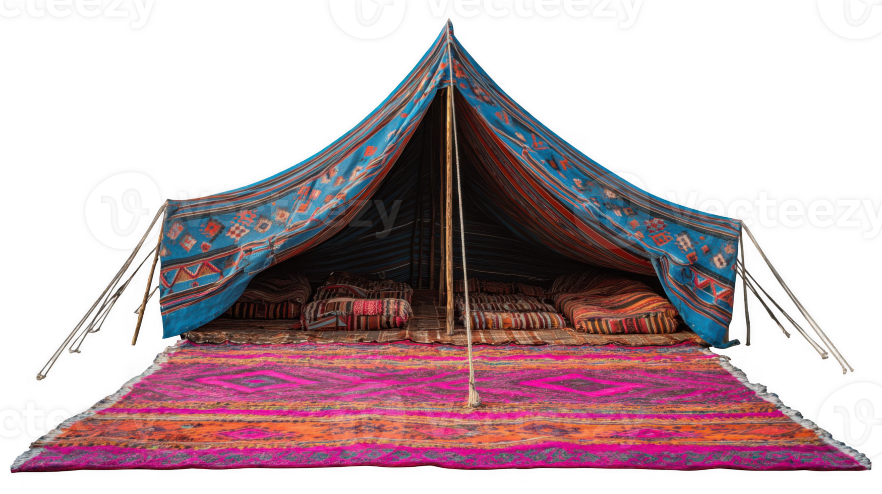 Colorful bedouin tent with cushions and rug on transparent background png