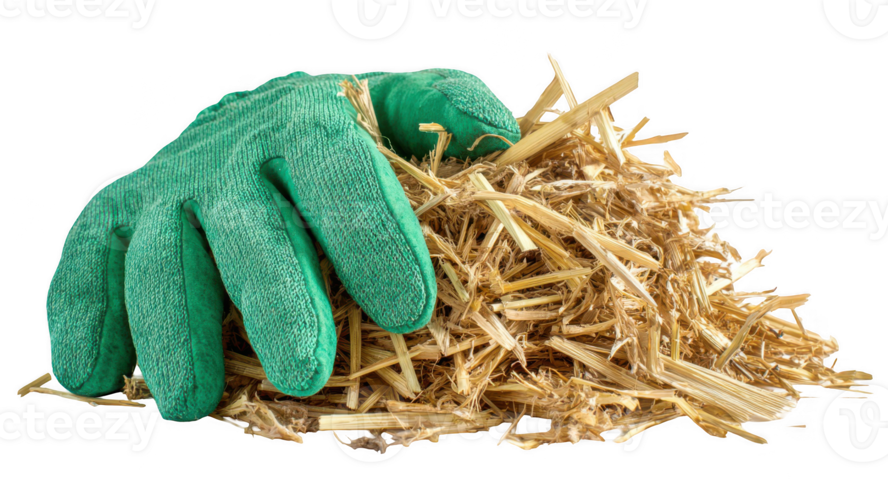 Gardening gloves holding freshly raked straw on transparent background png