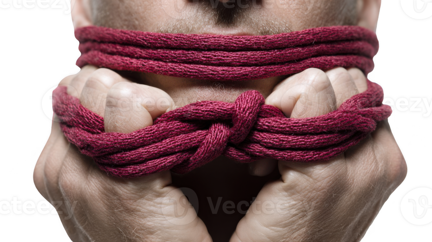 Man with mouth covered and tied with red rope on transparent background png
