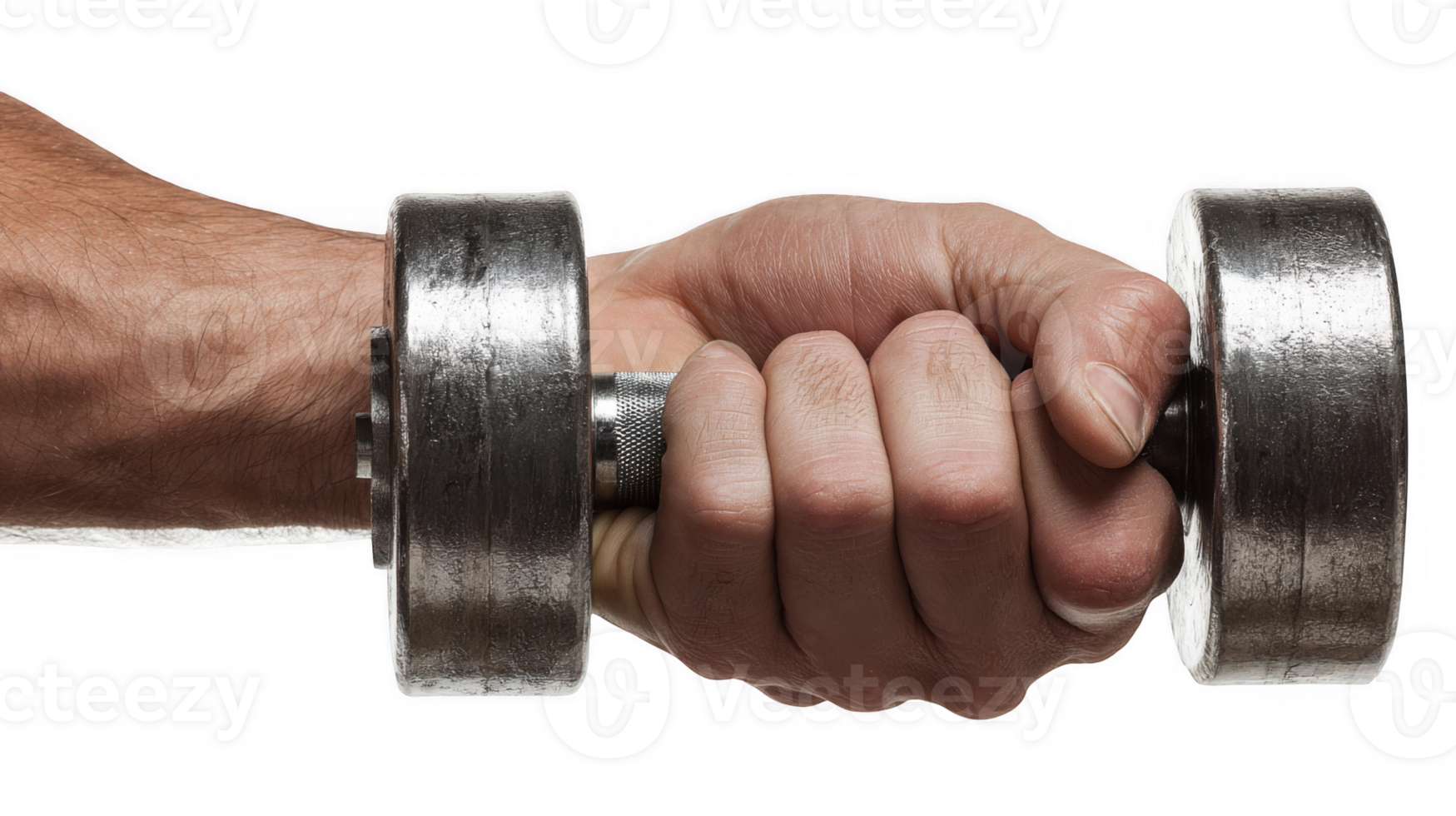 Strong hand gripping a heavy dumbbell on transparent background png