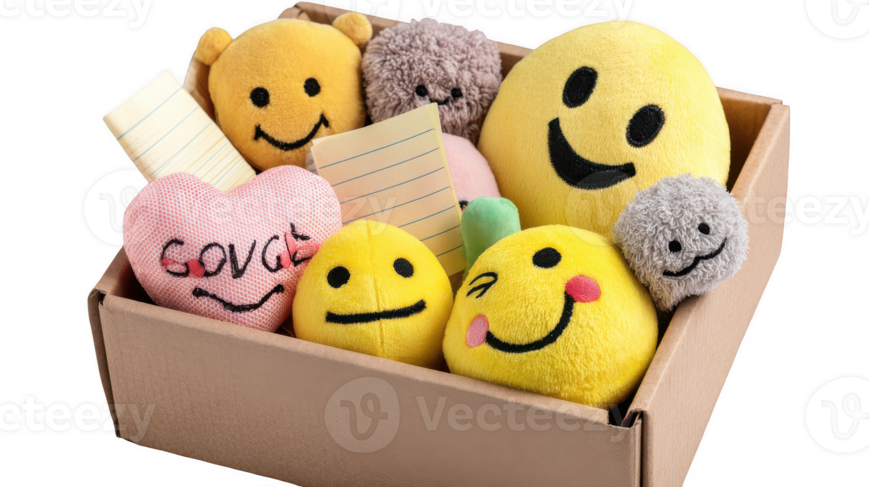 Comfort box overflowing with plush toys and notes on transparent background png