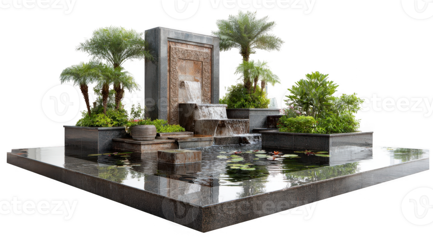 Relaxing water feature mirroring surrounding greenery on transparent background png