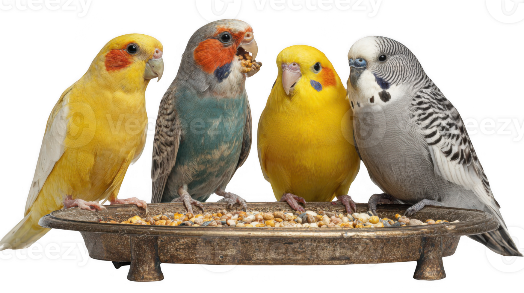 Colorful parakeets sharing a meal from a metal bird feeder png