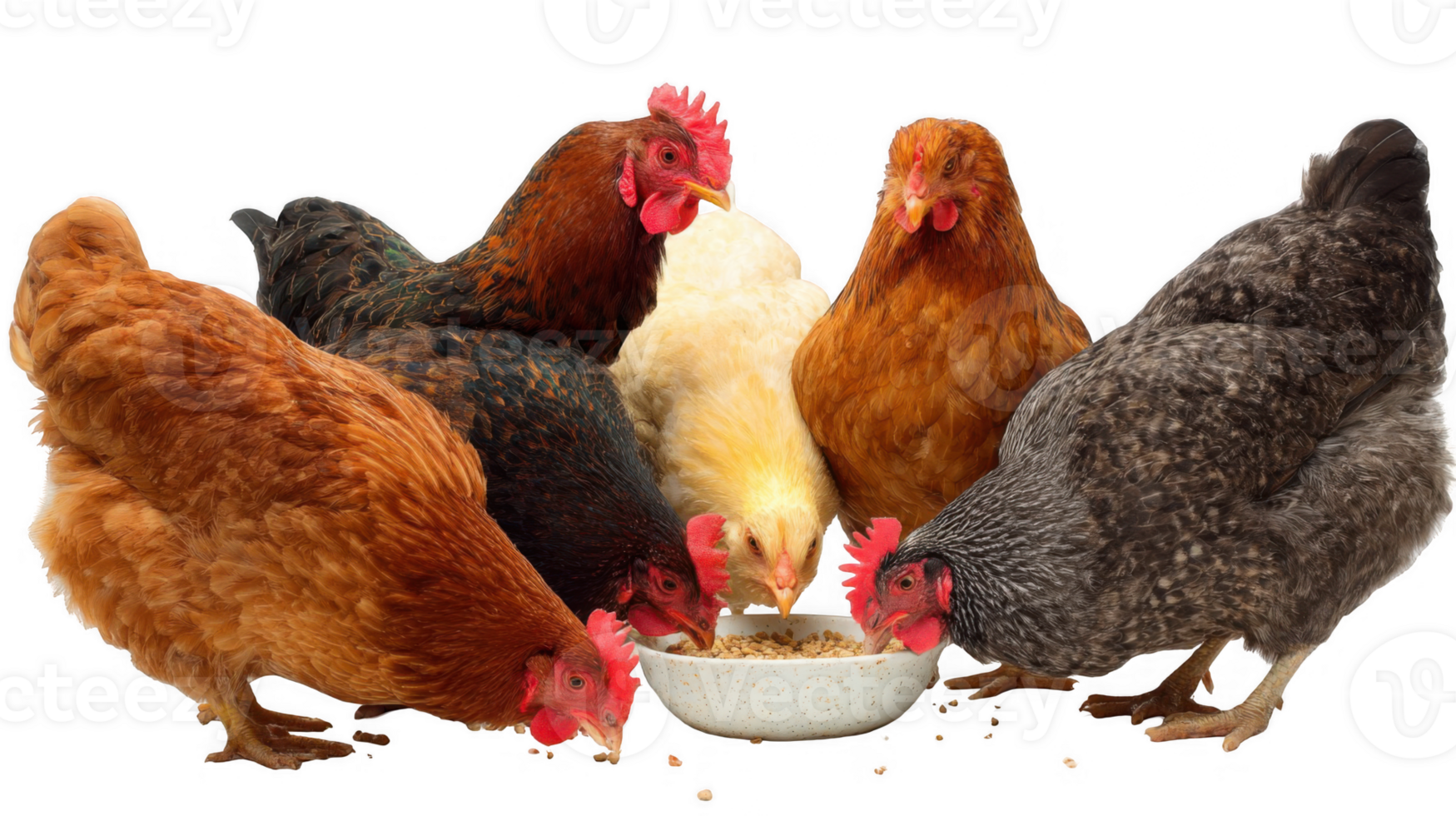 Colorful hens enjoying a meal together on transparent background png