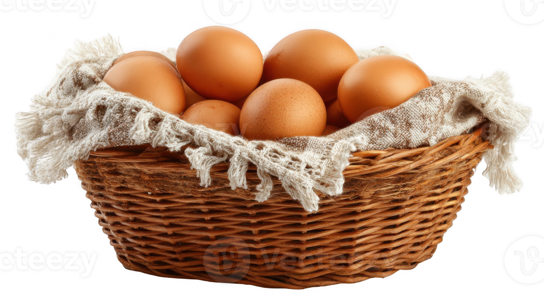 Wicker basket overflowing with fresh brown eggs on transparent background png