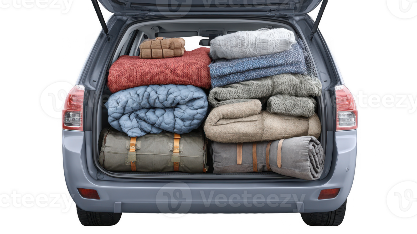 Car trunk packed with camping gear on transparent background png