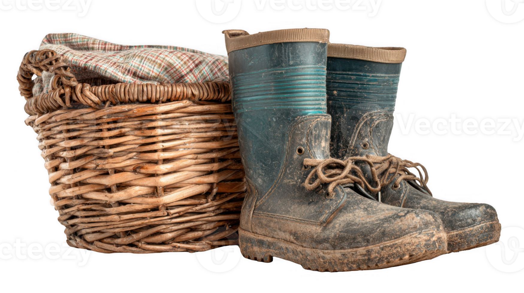 Mud caked boots and wicker basket with cloth on transparent background png