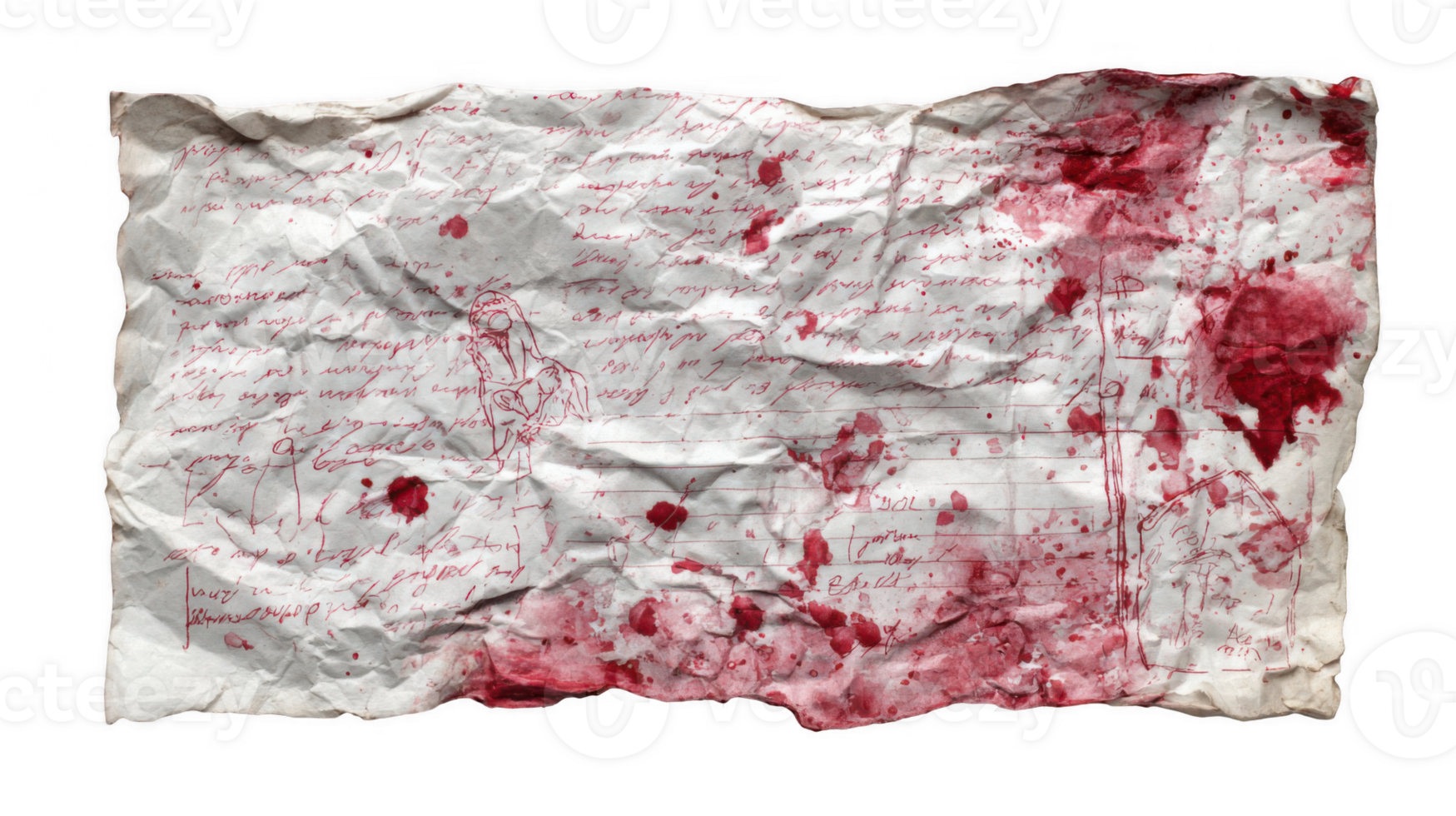 Crumpled note paper with sketches and blood stains on transparent background png