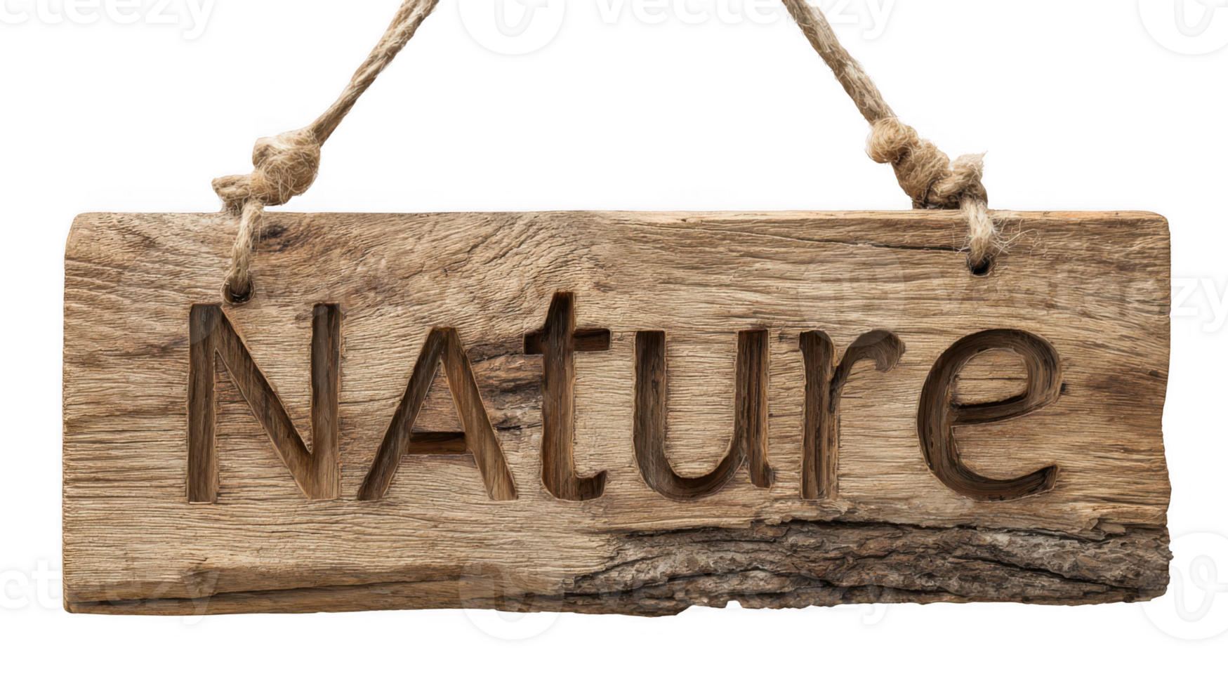 Wooden sign hanging with engraved nature word on transparent background png
