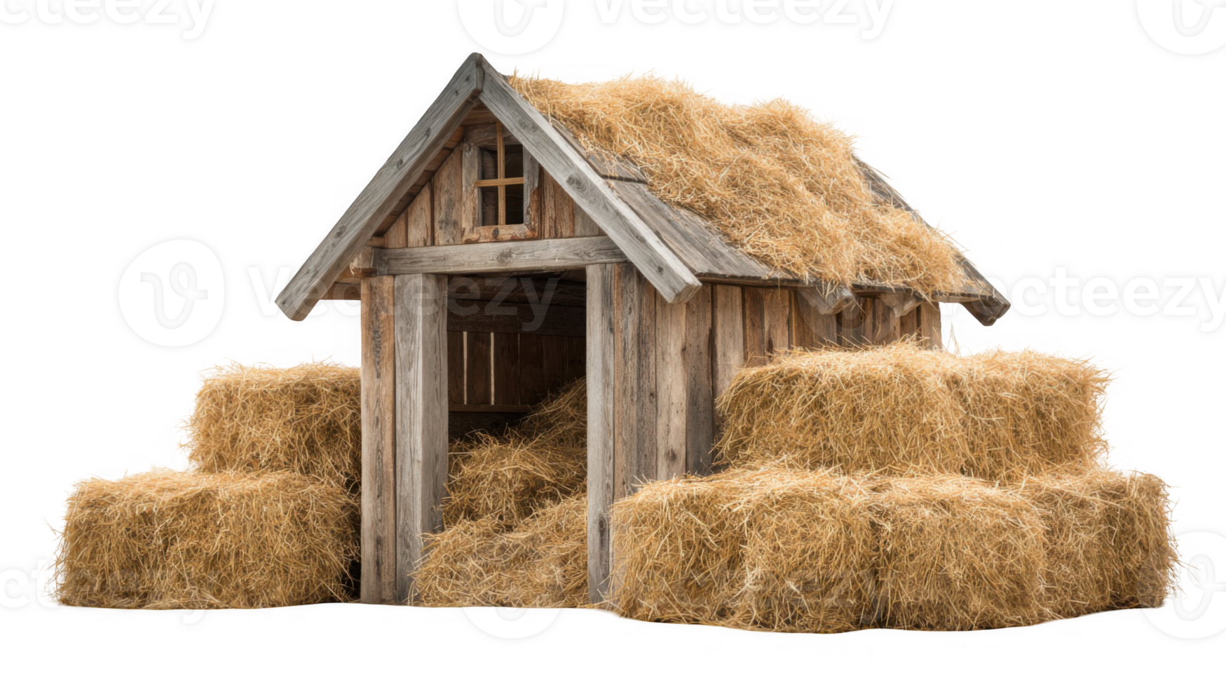 Rustic coop filled with hay bales on transparent background png