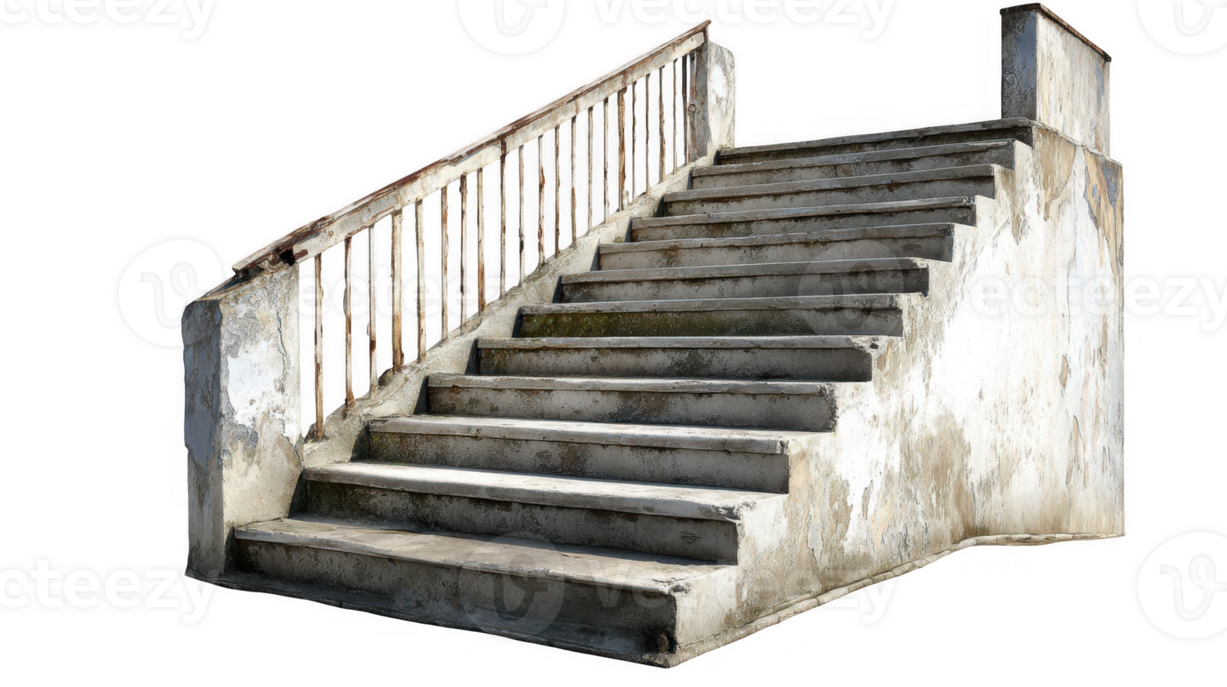 Old concrete staircase leading upwards with rusty railing on transparent background png