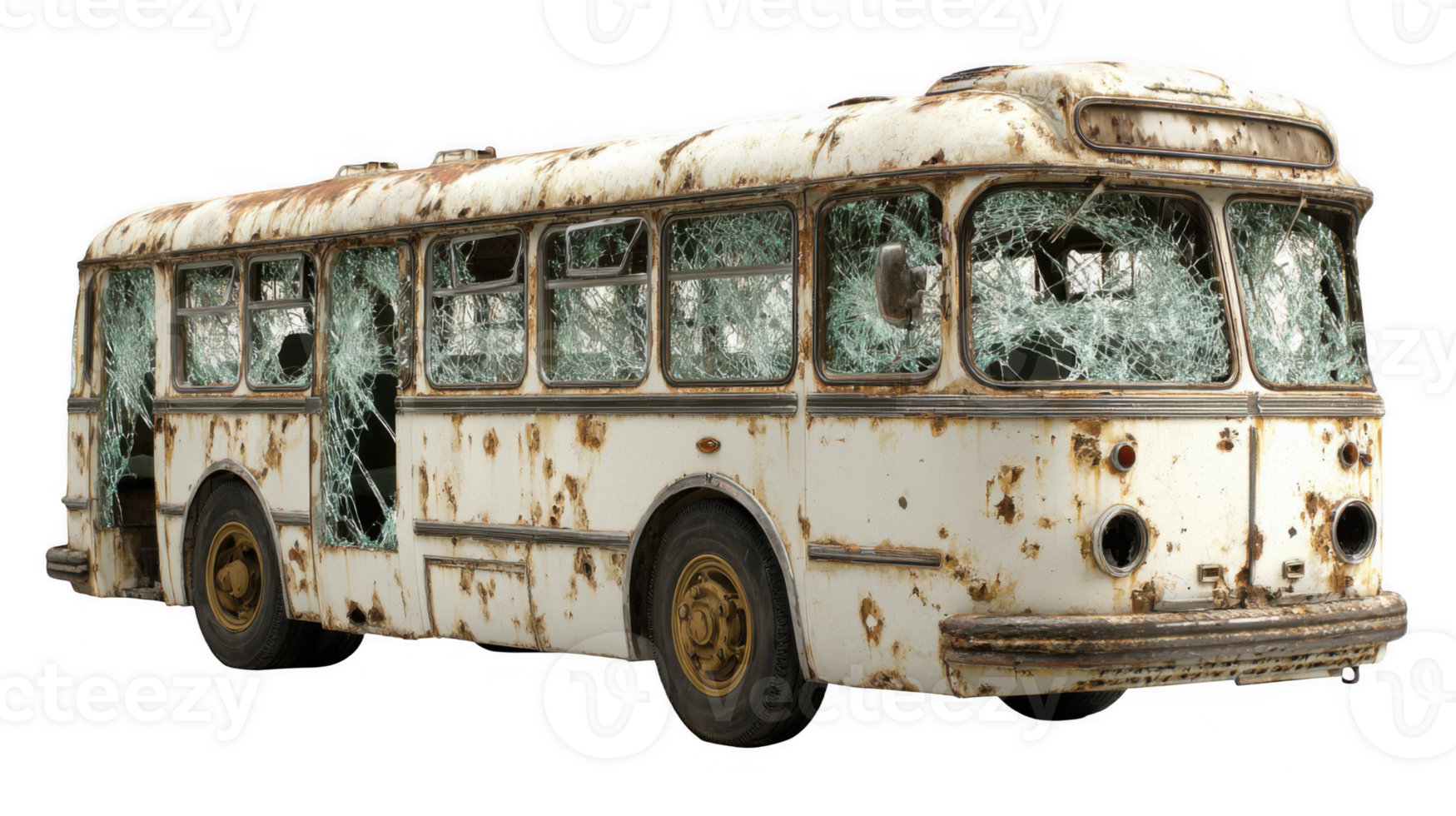 Old rusty abandoned bus with shattered windows on transparent background png
