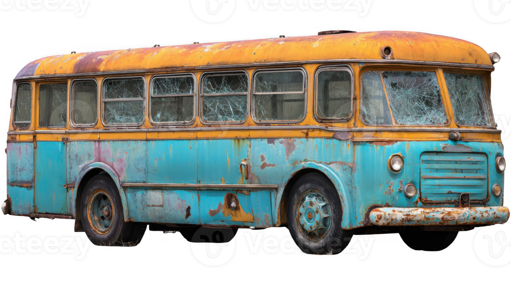 Old rusty abandoned bus with broken windows on transparent background png