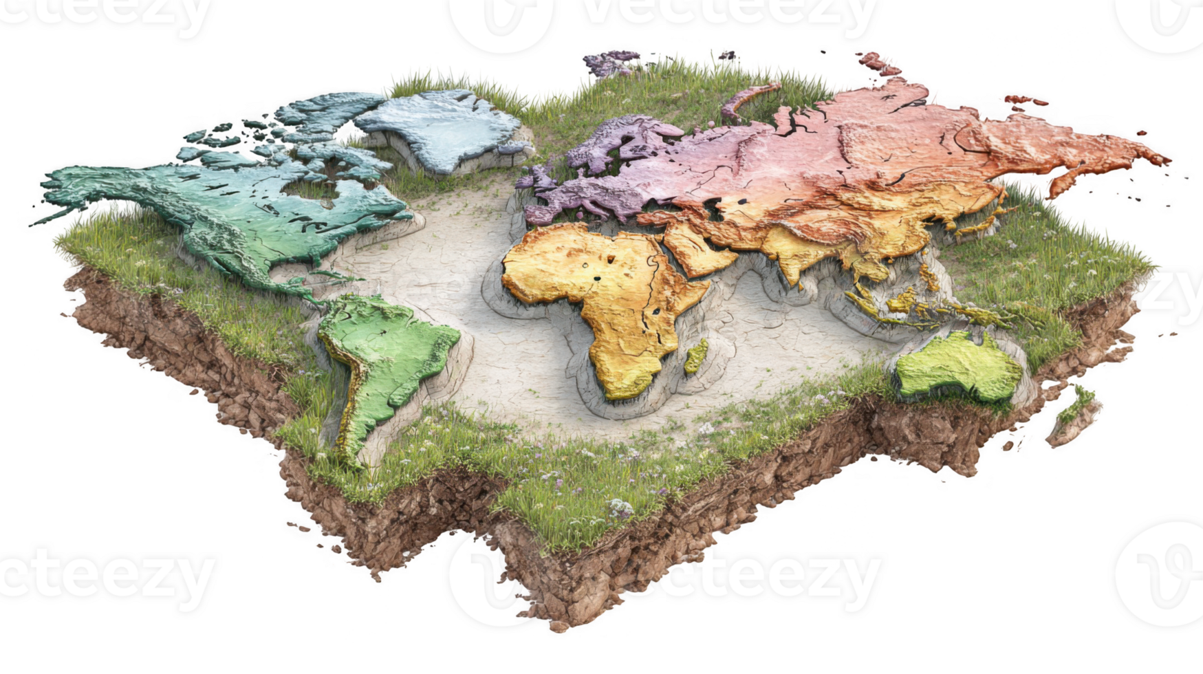 Colorful 3d world map showing continents on grassy ground with transparent background png