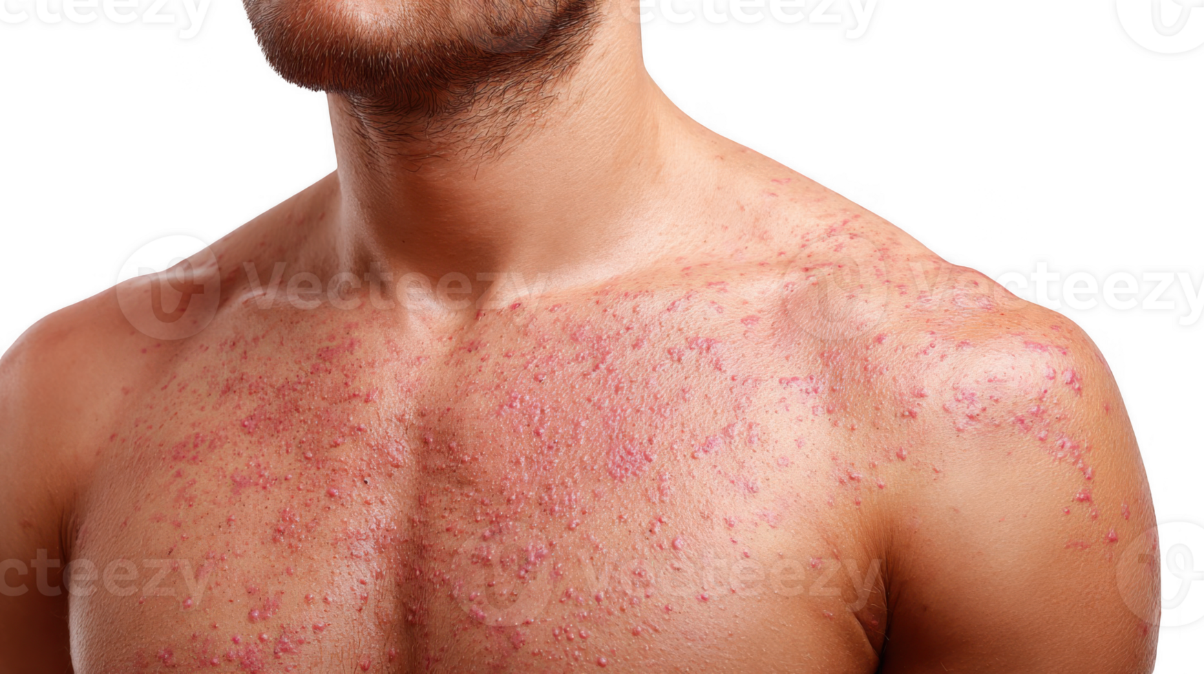 Man showing measles rash on chest and shoulder on transparent background png