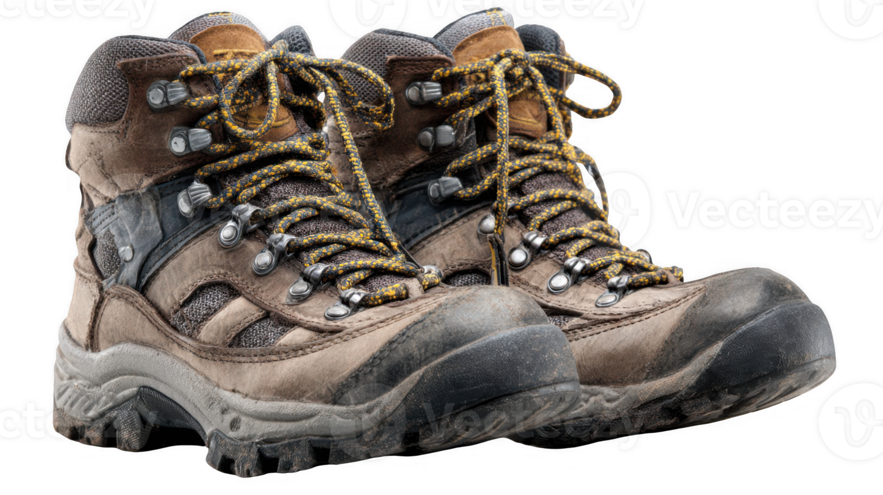 Used hiking boots isolated on transparent background, showing wear and tear png