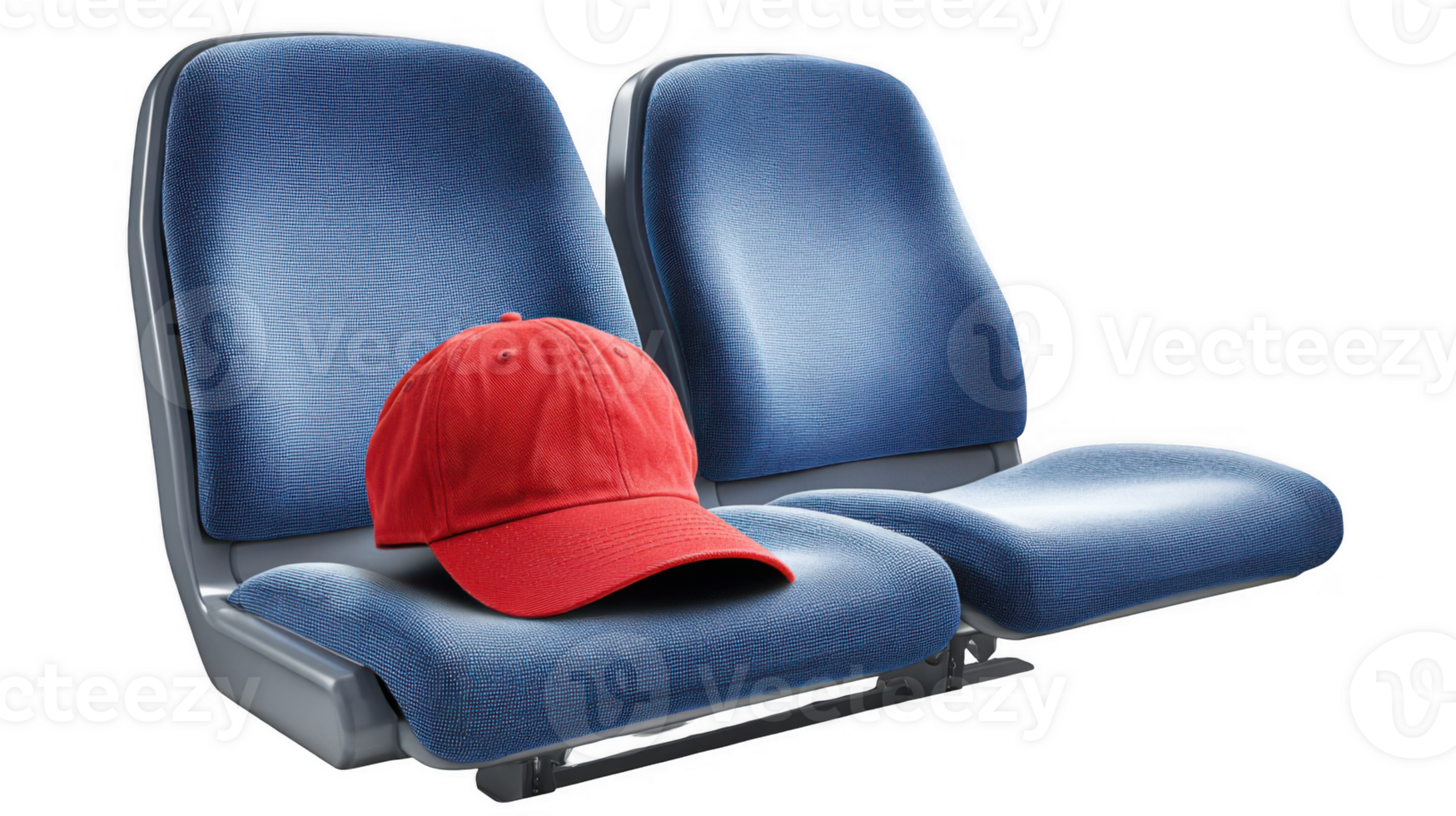 Red baseball cap resting on empty blue train seat, isolated on transparent background png