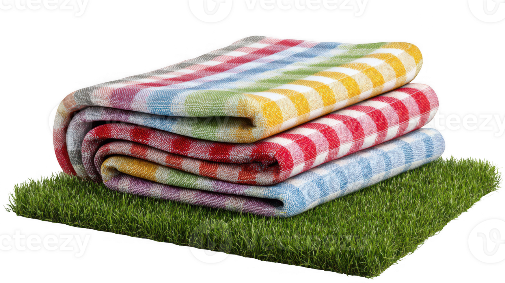 Colorful picnic blankets folded on grass with transparent background png