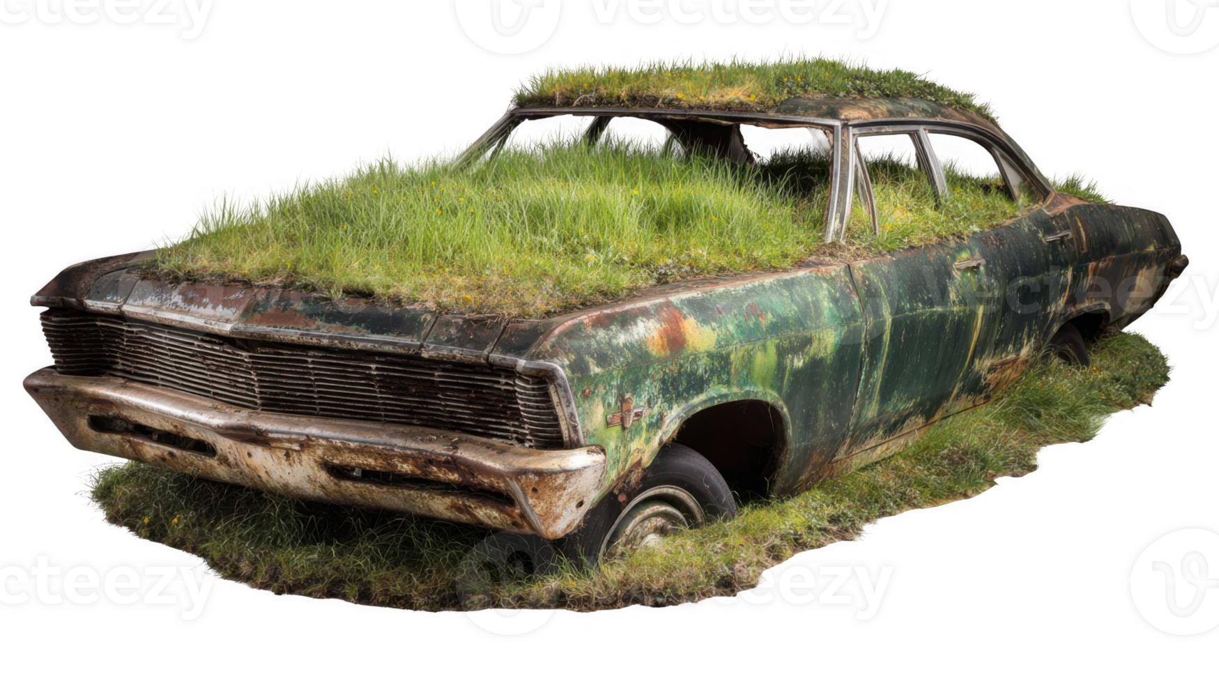 Old rusty abandoned sedan overgrown by grass with transparent background png