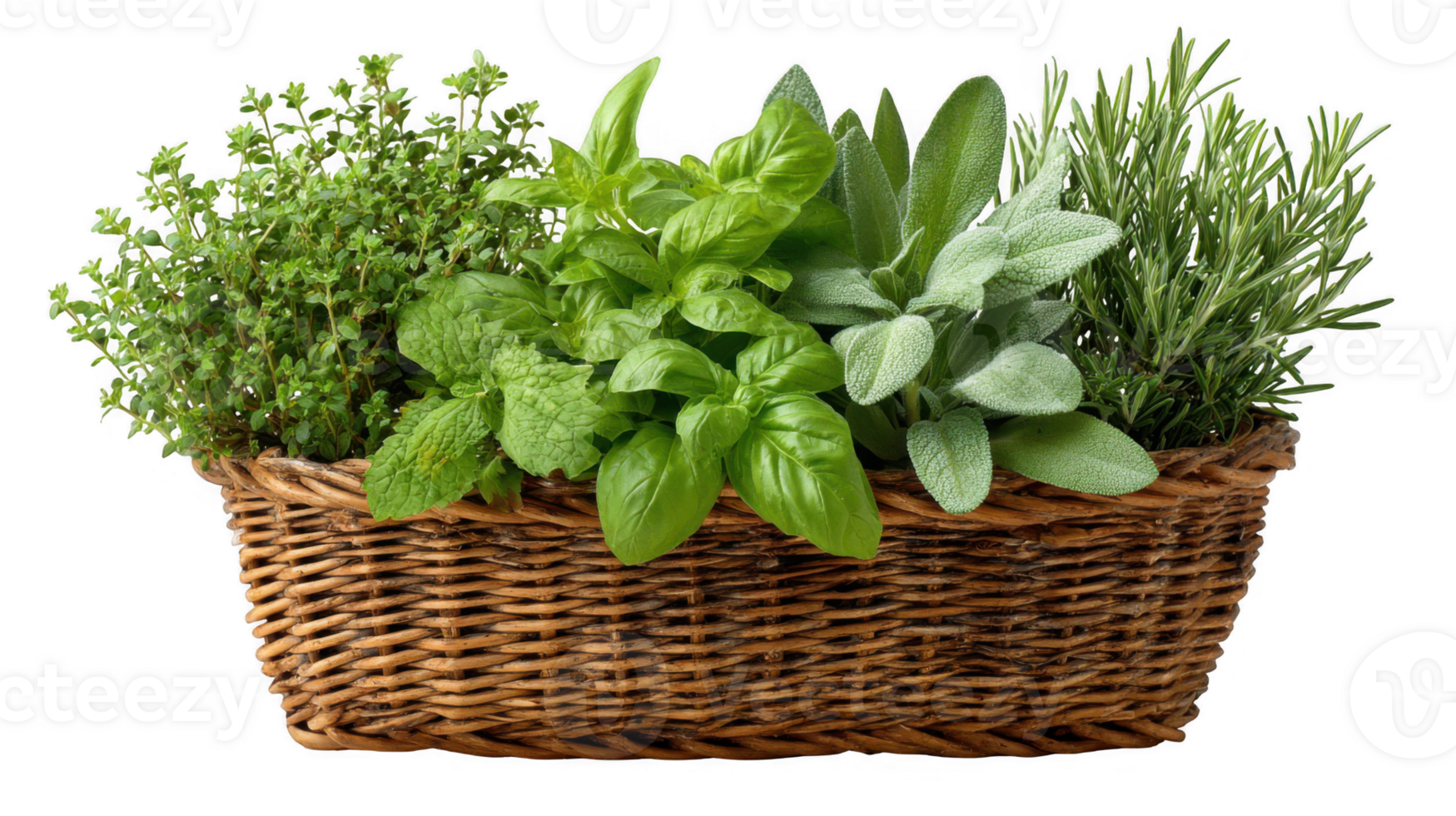 Fresh herbs overflowing a wicker basket on transparent background png