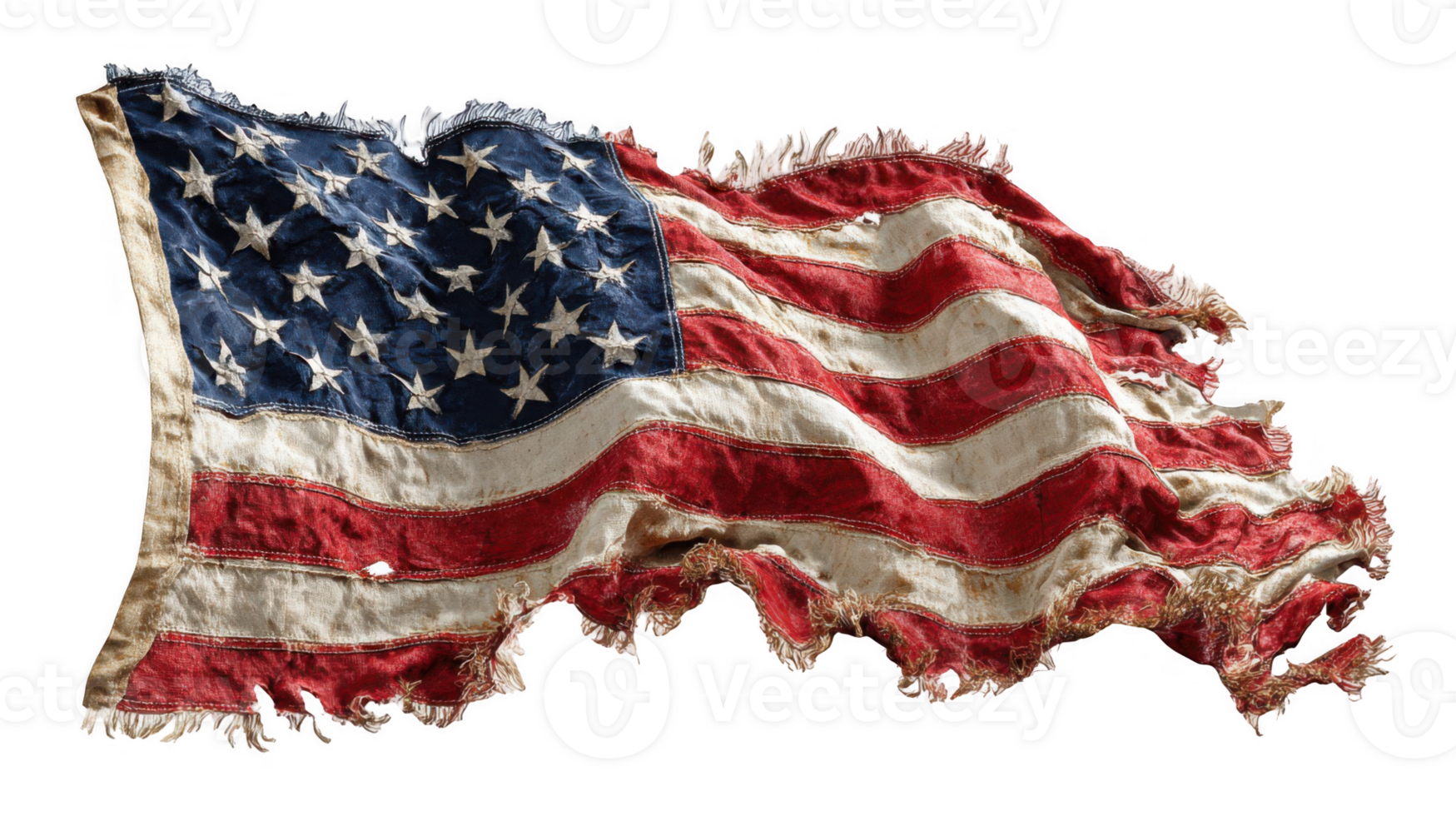 Tattered american flag fluttering in the breeze on transparent background png
