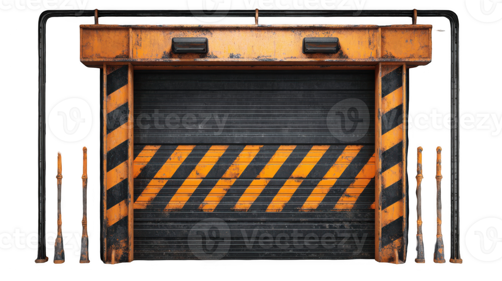 Old industrial door with orange and black caution stripes on transparent background png
