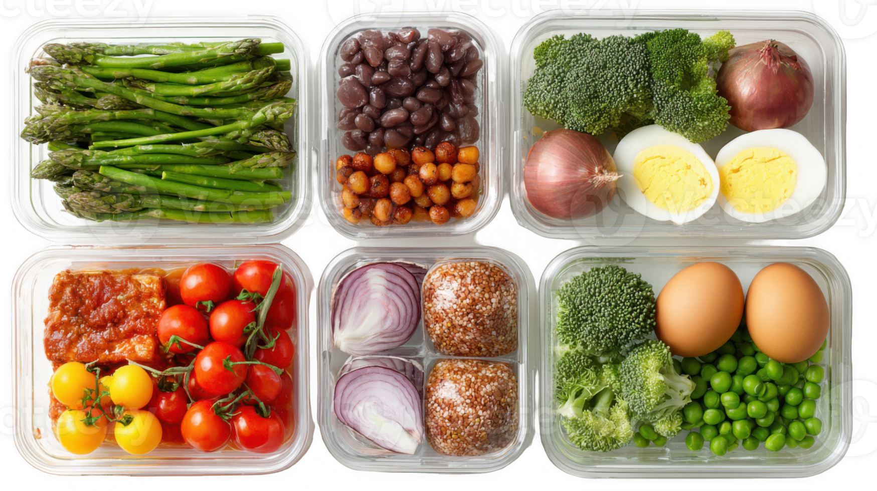 Healthy meal prep ingredients organized in containers on transparent background png
